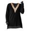 Haut colorblock à empiècement en dentelle ajourée et col en V à manches longues - Noir XXL | US 12