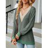 Haut colorblock à empiècement en dentelle ajourée et col en V à manches longues - Vert Armée M | US 6