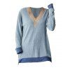 Haut colorblock à empiècement en dentelle ajourée et col en V à manches longues - Bleu clair XXL | US 12