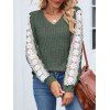 Haut colorblock à manches en dentelle et ourlet incurvé texturé - Vert Armée S | US 4