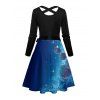 Christmas Couple Outfit Snowflake Bell Print Crossover Belt Dress and Shirt Set - Bleu S | US 4