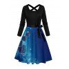 Christmas Couple Outfit Snowflake Bell Print Crossover Belt Dress and Shirt Set - Bleu S | US 4