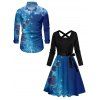Christmas Couple Outfit Snowflake Bell Print Crossover Belt Dress and Shirt Set - Bleu S | US 4