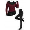 Women Outfit Textured Heather Faux Twinset Top and Grommet Pants Set - Rouge Vineux S | US 4