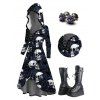Halloween Outfit Skull Rose Print Lace Up High Low Hoodie Dress and Earrings Boots Set - Noir S | US 4