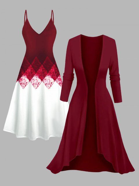 Ensemble robe à bretelles spaghetti et haut ouvert sur le devant à imprimé géométrique colorblock