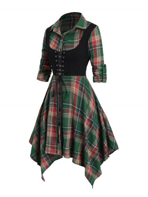 Robe chemise à carreaux vintage en faux twinset et robe mouchoir à lacets