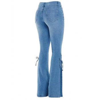 Women Outfit Cut Out Cold Shoulder Top and Lace Up Demin Flare Jeans Set