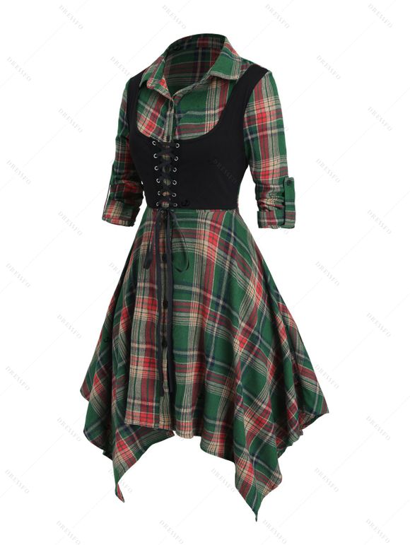 Robe chemise à carreaux vintage en faux twinset et robe mouchoir à lacets - Vert profond S | US 4