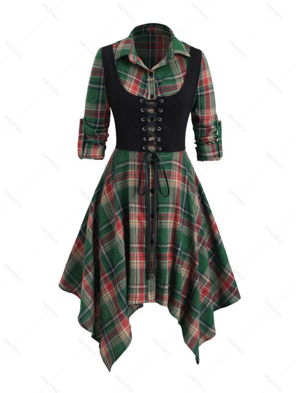 Robe chemise à carreaux vintage en faux twinset et robe mouchoir à lacets - Vert profond XXL | US 14