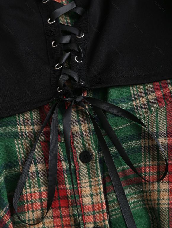 Robe chemise à carreaux vintage en faux twinset et robe mouchoir à lacets - Vert profond XXL | US 14