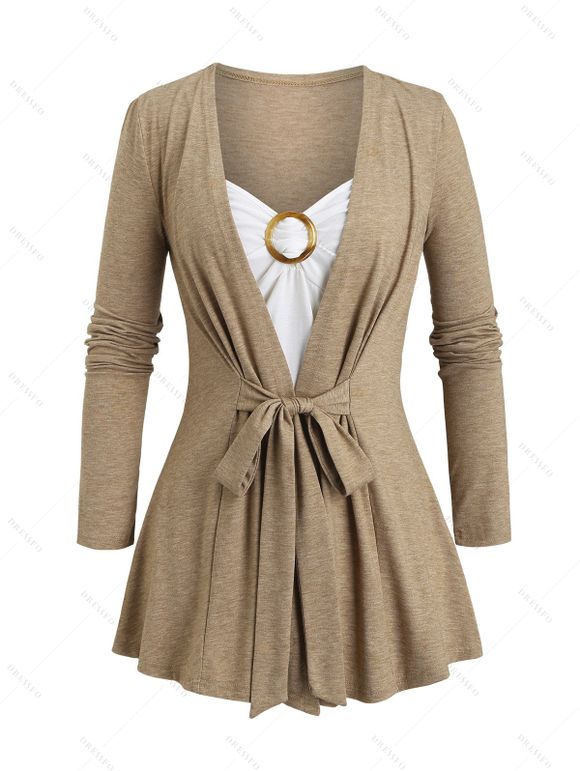 Haut 2 en 1 à manches longues et nœud papillon en faux twinset colorblock - café lumière M | US 6