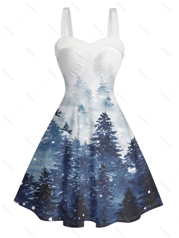 Robe mini à imprimé sapin de Noël et neige avec col en fausse fourrure - Bleu Toile de Jean S | US 4