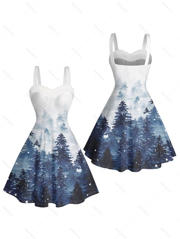 Robe mini à imprimé sapin de Noël et neige avec col en fausse fourrure - Bleu Toile de Jean XXXL | US 16