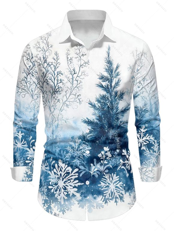 Chemise boutonnée à manches longues pour homme, motif sapin de Noël et flocons de neige - Bleu clair S