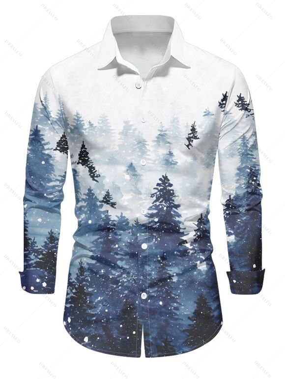 Chemise boutonnée à manches longues pour homme avec imprimé sapin de Noël et neige - Bleu Toile de Jean S