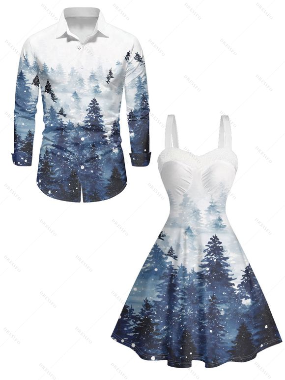 Holiday Couple Outfit Christmas Tree Snow Print Faux Fur Dress and Shirt Set - Bleu Toile de Jean S | US 4