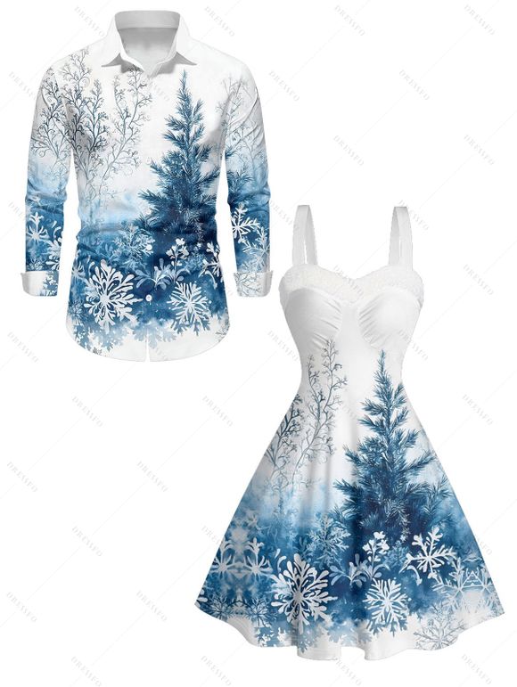 Holiday Couple Outfit Christmas Tree Snowflake Print Faux Fur Dress and Shirt Set - Bleu clair S | US 4