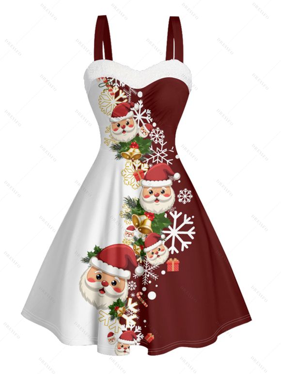 Robe de Noël Père Noël, imprimé flocon de neige, fausse fourrure, colorblock - Rouge Vineux S | US 4