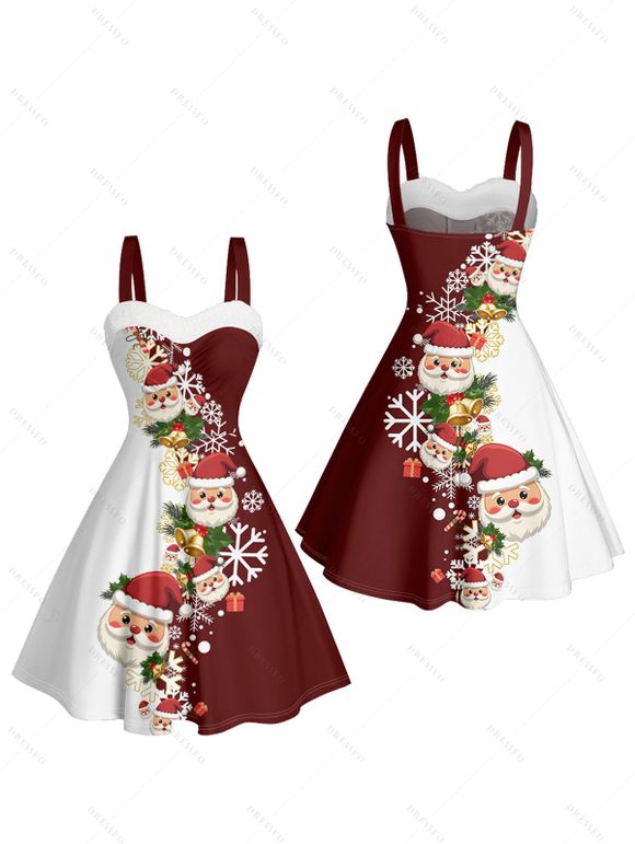 Robe de Noël Père Noël, imprimé flocon de neige, fausse fourrure, colorblock - Rouge Vineux XXXL | US 16