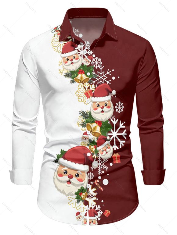 Chemise de Noël pour homme, imprimé Père Noël et flocons de neige, colorblock - Rouge Vineux M | US 6