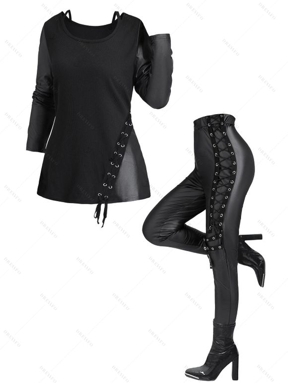 Women Outfit Solid Color Textured Mock Button Top and Lace Up Pants Set - Noir S | US 4