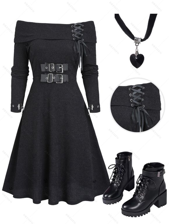 Women Outfit Solid Color Knitted Lace Up Buckle Dress and Heart Choker Boots Set - Noir S | US 4
