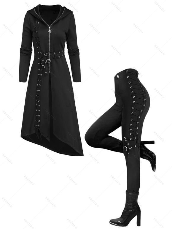 Gothic Women Outfit Lace Up Asymmetrical Hooded Coat and Grommet Pants Set - Noir S | US 4