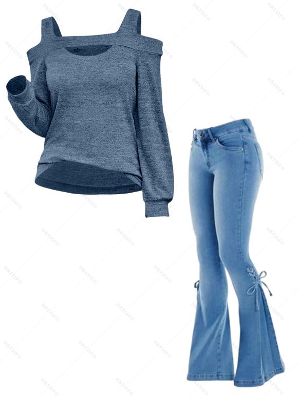Women Outfit Cut Out Cold Shoulder Top and Lace Up Demin Flare Jeans Set - Bleu S | US 4