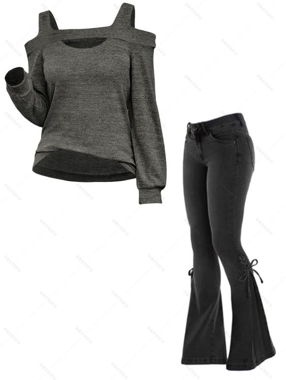Women Outfit Cut Out Cold Shoulder Top and Lace Up Demin Flare Jeans Set - Gris S | US 4