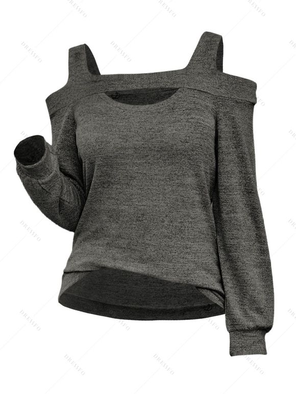 Women Outfit Cut Out Cold Shoulder Top and Lace Up Demin Flare Jeans Set - Gris S | US 4