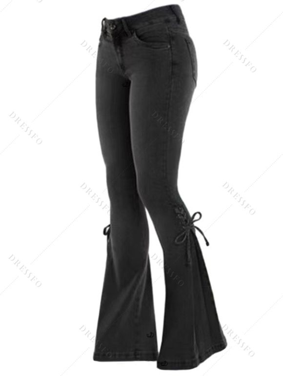 Women Outfit Cut Out Cold Shoulder Top and Lace Up Demin Flare Jeans Set - Gris S | US 4