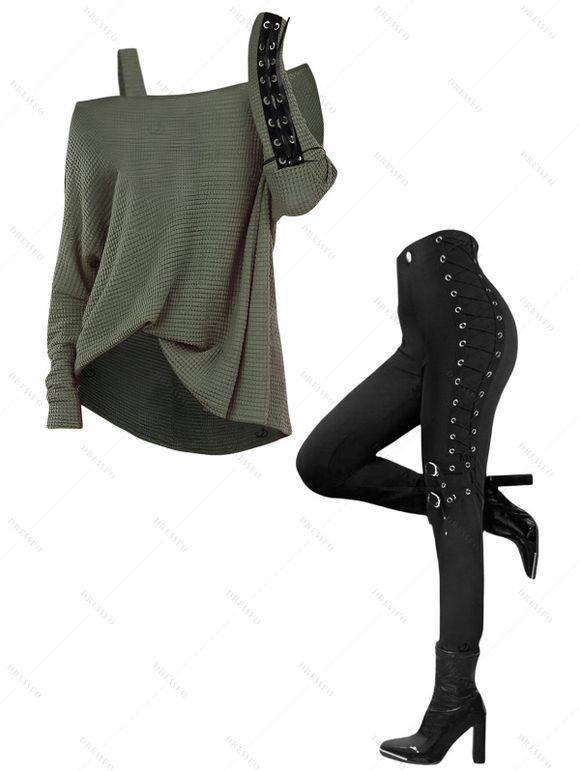 Women Outfit Skew Neck Textured Solid Color Top and Grommet Lace Up Leggings Set - Vert S | US 4