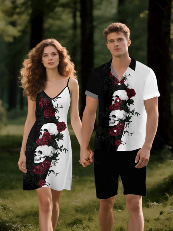 Gothic Couple Outfit Monochrome Rose Skulls Pattern Spaghetti Strap Tank Dress and Button Up Shirt Holiday Matching Outfit - Noir S | US 4