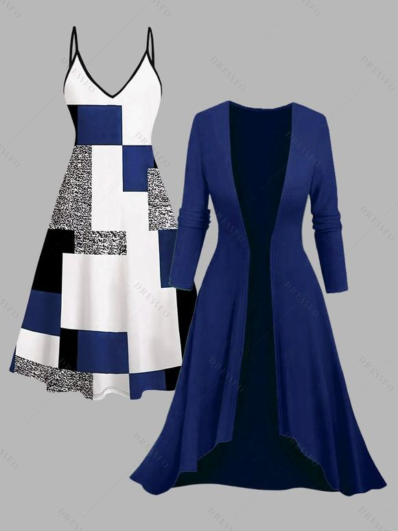 Ensemble robe à bretelles spaghetti et haut ouvert sur le devant à imprimé géométrique colorblock - Bleu Marine XXXXL | US 18