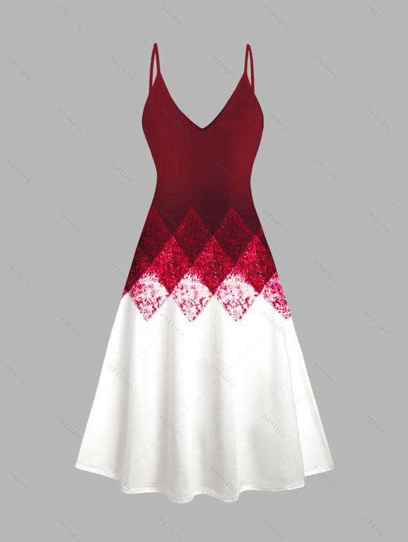 Ensemble robe à bretelles spaghetti et haut ouvert sur le devant à imprimé géométrique colorblock - Rouge Vineux XXL | US 14