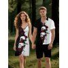 Gothic Couple Outfit Monochrome Rose Skulls Pattern Spaghetti Strap Tank Dress and Button Up Shirt Holiday Matching Outfit - Noir S | US 4