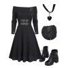 Women Outfit Solid Color Knitted Lace Up Buckle Dress and Heart Choker Boots Set - Noir S | US 4