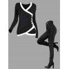 Women Outfit Colorblock V Neck Mock Button Top and Grommet Pants Set - Noir S | US 4