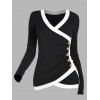Women Outfit Colorblock V Neck Mock Button Top and Grommet Pants Set - Noir S | US 4