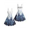 Holiday Couple Outfit Christmas Tree Snow Print Faux Fur Dress and Shirt Set - Bleu Toile de Jean S | US 4