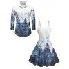 Holiday Couple Outfit Christmas Tree Snow Print Faux Fur Dress and Shirt Set - Bleu Toile de Jean S | US 4