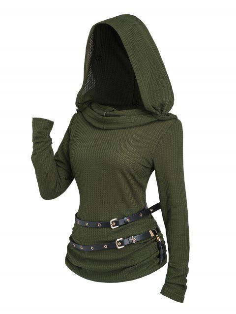 Sweat à capuche en tricot texturé de couleur unie avec ceinture et manches longues