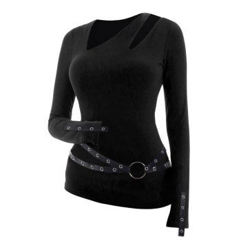 Gothic Top Solid Color Grommet O-ring Cut Out Long Sleeve Top