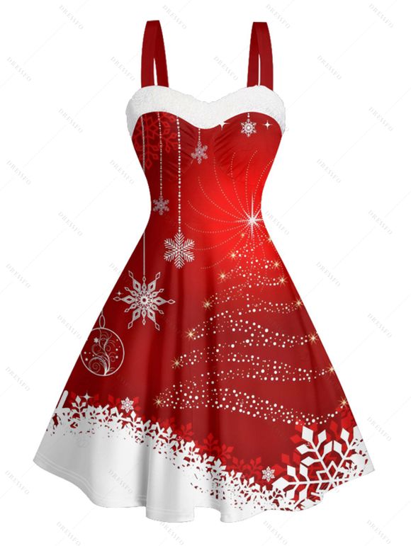 Robe de Noël mini-robe en fausse fourrure à imprimé flocons de neige colorblock - Rouge S | US 4