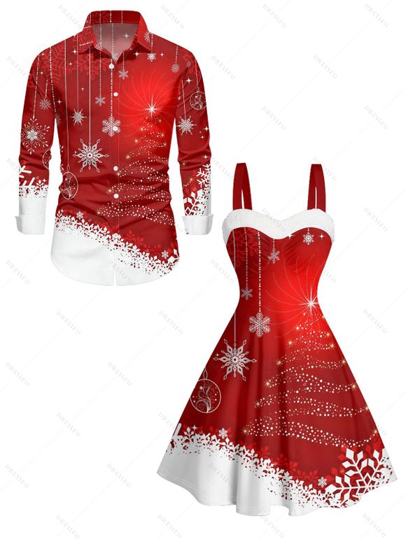 Christmas Couple Outfit Colorblock Snowflake Print Faux Fur Dress and Shirt Set - Rouge S | US 4