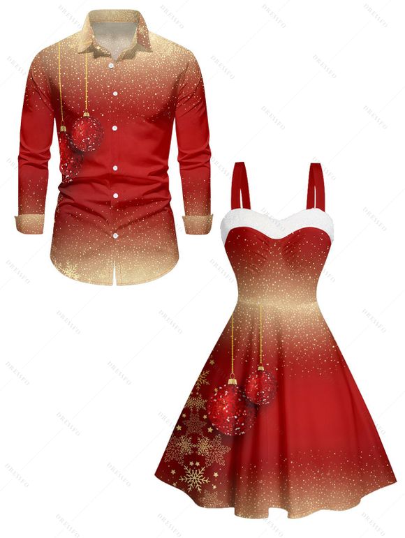 Christmas Couple Outfit Snowflake Bell Print Faux Fur Dress and Shirt Set - Rouge S | US 4