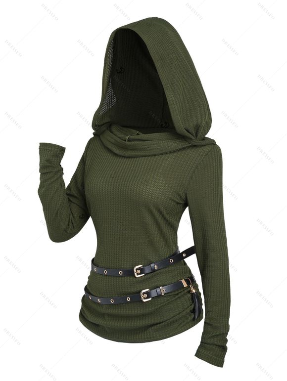 Sweat à capuche en tricot texturé de couleur unie avec ceinture et manches longues - Vert Armée L | US 8-10