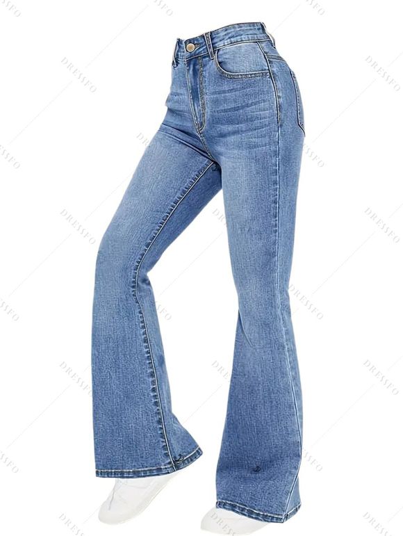 Pantalon évasé en denim avec poches, taille haute, fermeture éclair, jean délavé clair - Bleu Toile de Jean M | US 6