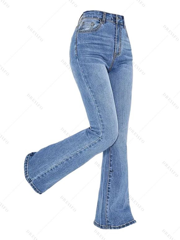 Pantalon évasé en denim avec poches, taille haute, fermeture éclair, jean délavé clair - Bleu Toile de Jean XL | US 10